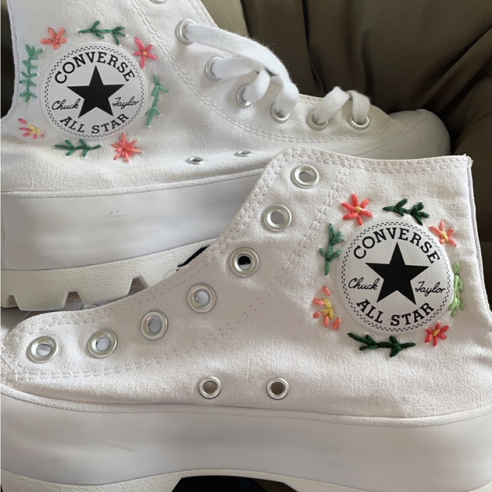 Hand-embroidered white platform converse!